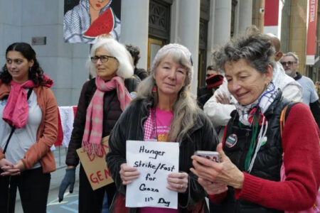 Leslie Angeline on her 11th day of hunger strike for Gaza (Photo via CODEPINK)