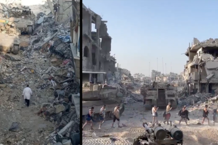 Scenes from Israel's siege on Kamal Adwan Hospital. On the left, the last photo of Dr. Hussam Abu Safiya as he walks towards Israeli tanks. On the right, IOF forced health workers and patients to strip and evacuate the hospital. Photo: Screenshots