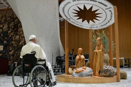Pope Francis before the "Nativity of Bethlehem 2024" in the Paul VI Hall. Photo: Vatican News