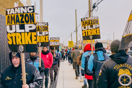The picket line on the second day of the Amazon Teamsters strike in Queens (Photo: Wyatt Souers)