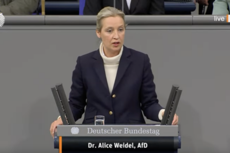Alice Weidel (AfD) during the discussion on CDU's motion on migration and asylum rights. Source: Bundestag/Screenshot
