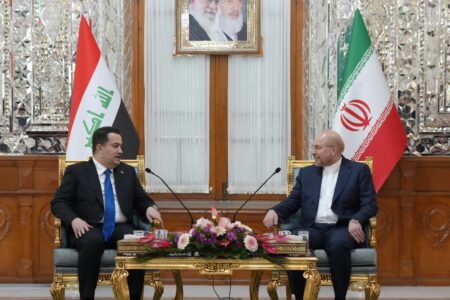 Prime Minister Mohammed Shia Al-Sudani meets, in the Iranian Parliament building, with the Speaker of the Iranian Islamic Consultative Assembly, Mr. Mohammad Baqer Qalibaf on Jan 8. (Photo: Iraqi PM Media Office/ X)