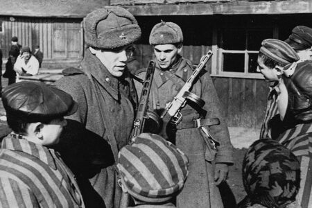 Red Army soldiers with prisoners of Nazi concentration camp, 1945. Source: Wikimedia Commons