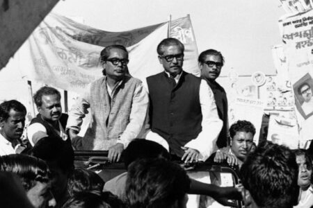 Sheikh Mujibur Rahman, considered the father of the nation and leader of the Liberation War, in an election rally in 1970. Photo: Dennis Lee Royle / AP/ Wikimedia Commons