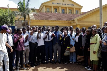The National Students' Caucus, ActionAid, Elimu Bora Working Group, and the Kenya Human Rights Commission gathered at Milimani Law Courts for the judgement on the New University Funding Model. Photo: National Student Caucus / X