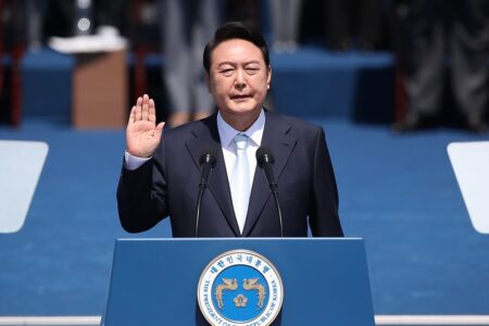 Yoon takes the presidential oath of office outside the National Assembly, May 2022.
(Photo: Wiki Media Commons)