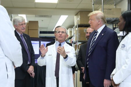 Donald Trump visits NIH in 2020 to learn about research on a vaccine for COVID-19. Source: NIH/Flickr