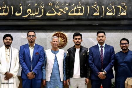 Student leaders, including member of the interim government Asif Mahmud Shojib Bhuyain, with head of the government Muhammad Yunus. Photo: Facebook