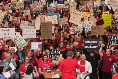 Workers pack the State Capitol building in Salt Lake City, Utah demanding Governer Cox veto HB 267.
Photo: UEA