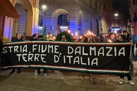 National Youth holding banner reading "Istria, Rijeka, Dalmatia - Italian lands". Source: National Youth Bologna/Facebook