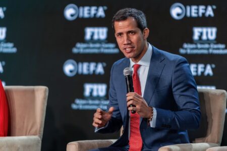 Juan Guiadó speaking at an event at Florida International University in December 2023. Photo: Juan Guiadó/X