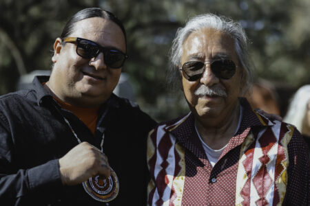 Leonard Peltier celebrates his freedom with NDN Collective founder, Nick Tilden (Photo: NDN Collective)