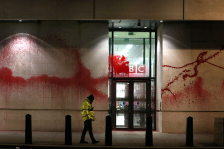 Palestine Action demonstrators paint BBC offices blood red (Photo: Martin Pope)
