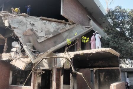Destruction of Bangabandhu memorial museum in Dhaka. Photo via Screenshot