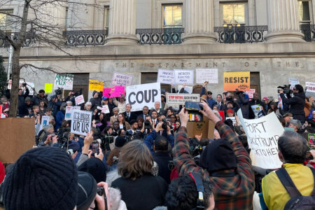 Thousands protest outside of Treasury Department on Tuesday following Elon Musk's access to federal payment system (Photo: RootsAction)