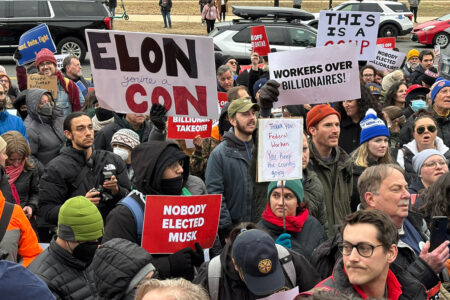 Protesters outside of the US Department of Labor denounce Elon Musk's overreach (Photo: AFL-CIO)