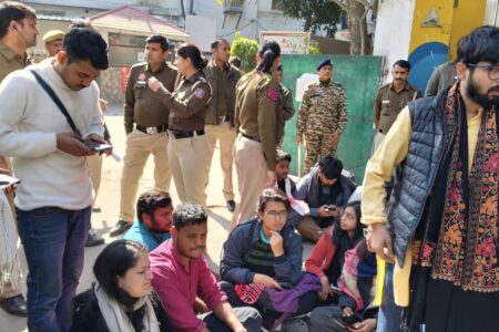 JMI students outside police station waiting for the release of detained students. Photo: SFI Jamia
