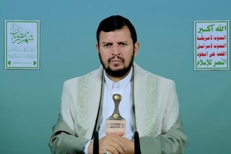 Ansar Allah leader Sayyed Abdulmalik al-Houthi giving a televised address. Photo: Screenshot