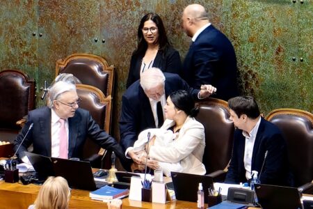 Karol Cariola attends the vote for her censure motion on March 11. Photo: Roberto Celedón/X