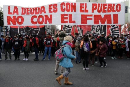 "The debt is with the people, not the IMF" reads a banner in Buenos Aires, Argentina. Photo: AN Red