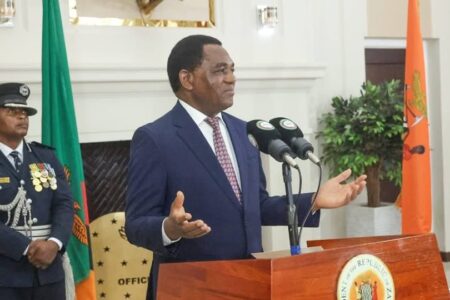 Hakainde Hichilema, the president of Zambia addresses diplomats from Kenya, and other nations. Photo: Hichilema/X