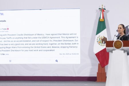 Mexican President Claudia Sheinbaum speaking at her daily press conference. Photo: Gabriel Monroy /Presidencia
