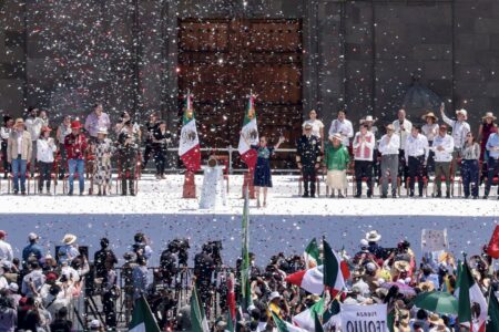 Claudia Sheinbaum in the Zócalo in Mexico City addressing 350,000 supporters. Photo: MORENA