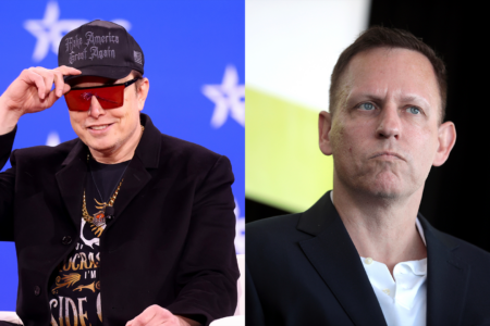 Elon Musk and Peter Thiel. Photos via Wikimedia Commons