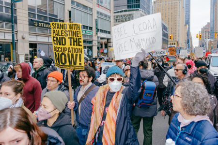 Protesters march in New York City to call for the release of Mahmoud Khalil on March 15 (Photo: Wyatt Souers)