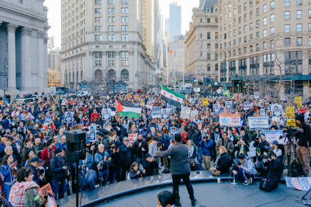 Thousands rally in New York City on March 10, demanding the release of Mahmoud Khalil from ICE detention (Photo: Wyatt Souers)