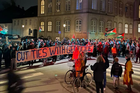 Protesters outside of Maersk headquarters in Copenhagen, Denmark on March 18 (Photo: Mask Off Maersk)