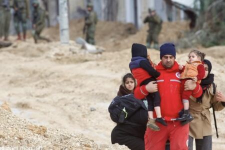 PRCS evacuating children out of Nur Shams refugee camp in Tulkarm, West Bank. Photo: PRCS