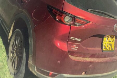A car frequently used by General Secretary Booker Omole was sprayed with bullets in Nakuru. Photo: CPM-K/X