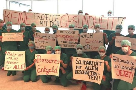 Health workers in Germany during a 2020 action, calling for an end to commercialization and for safe staffing. Source: Krankenhaus statt Fabrik/X