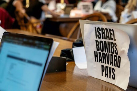 Harvard students demonstrate for divestment via a "study-in" in September of 2024 (Photo: Harvard Out of Occupied Palestine)