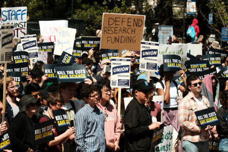 Hundreds of workers rally at the University of California – Berkeley on April 8 (Photo via Higher Education Labor United/X)