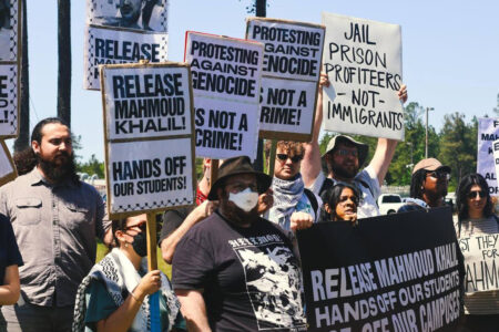 Protesters rally outside of the ICE detention center in Jena, Louisiana, where Mahmoud Khalil and Alireza Doroudi are being held
