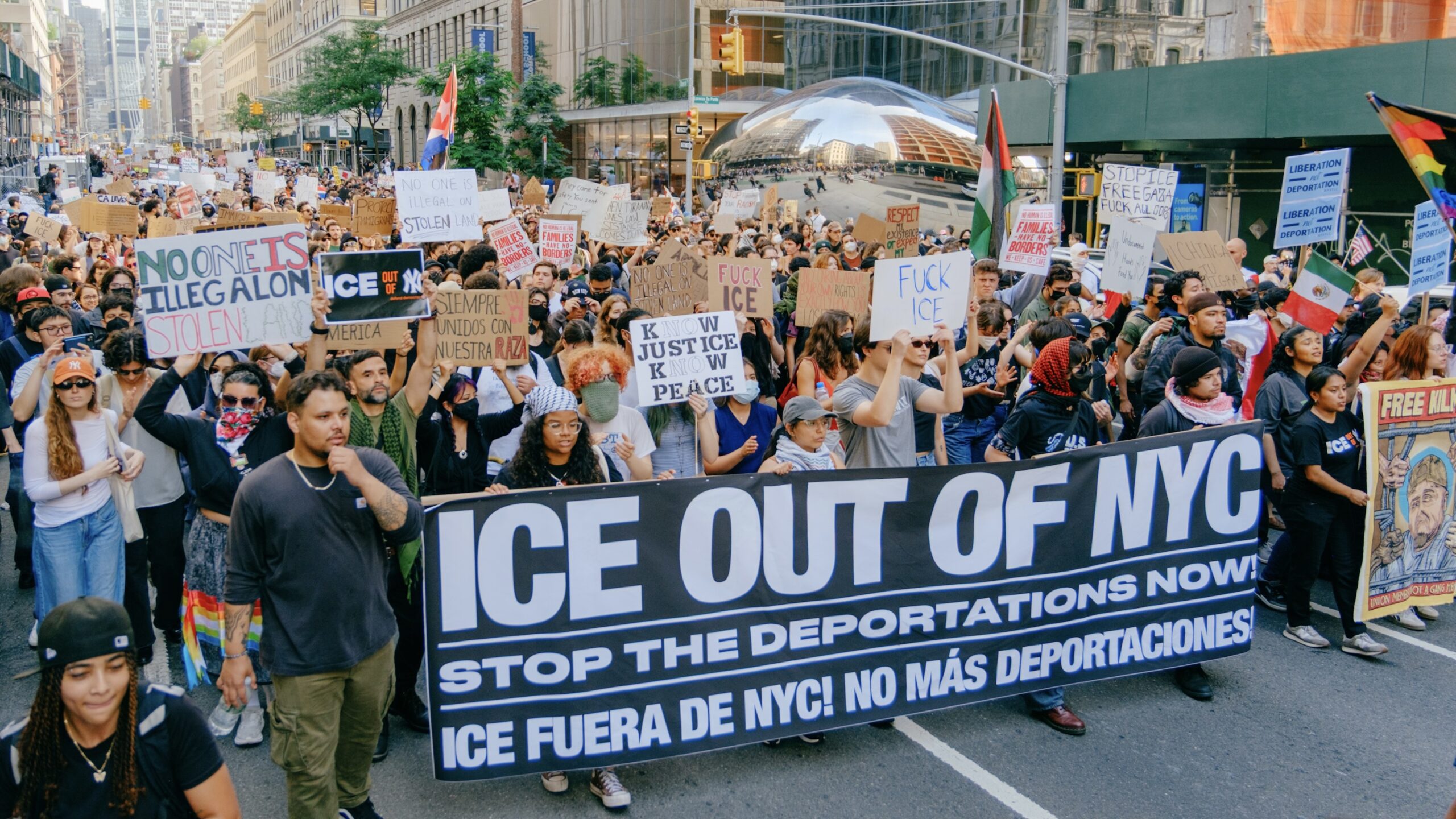 A protest in New York City demanding the end of ICE deportations, echoing the band’s themes.