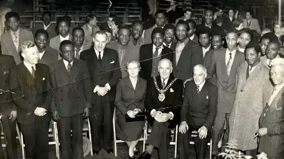 Photograph of Congress attendees, 1945 Pan-African Congress. Among the people to attend were George Padmore, W. E. B. Du Bois, Jomo Kenyatta and Kwame Nkrumah.