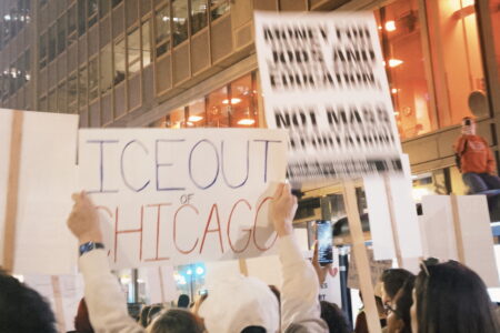 chicago ice operation midway blitz Demonstrators in Chicago on October 8 (Photo: Saja Bilasan)