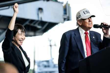 Donald Trump Sanae Takaichi President Donald Trump and Japanese Prime Minister Sanae Takaichi addressing Yokosuka Naval troops aboard the USS George Washington at Yokosuka Naval Base, Japan on Tuesday, October 28, 2025. Photo: Daniel Torok / White House