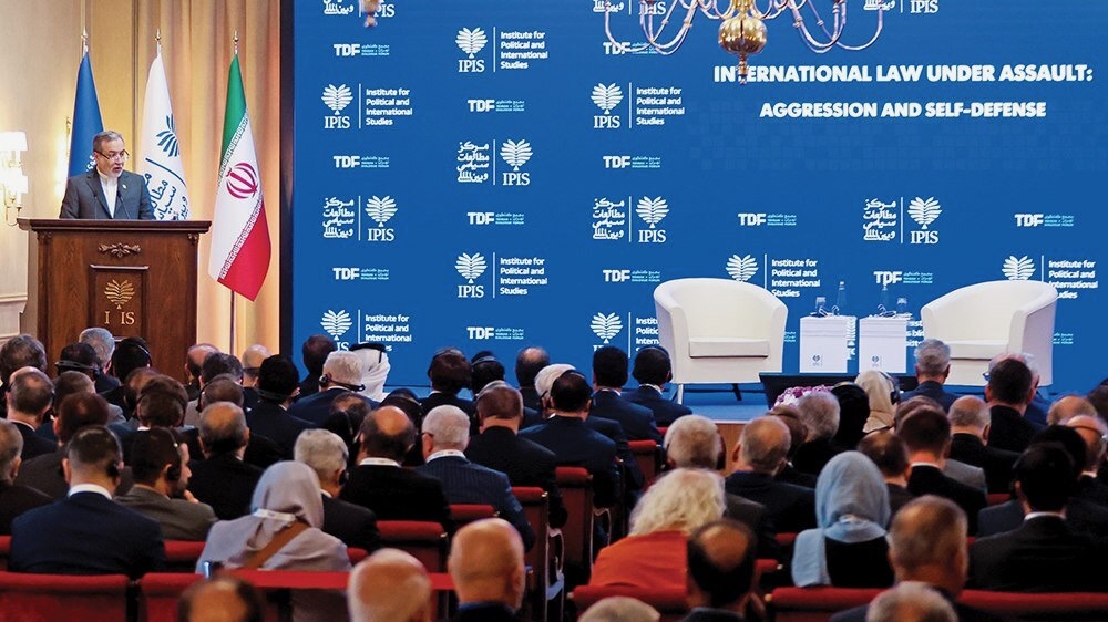 Iranian Foreign Minister Abbas Araghchi speaks at conference called conference called “International Law Under Attack: Aggression and Defense” in Tehran.
