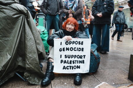 Leeds (Credit_ MrGrievz) Sign-holding action in Leeds, November 2025. Source: Defend Our Juries/MrGrievz