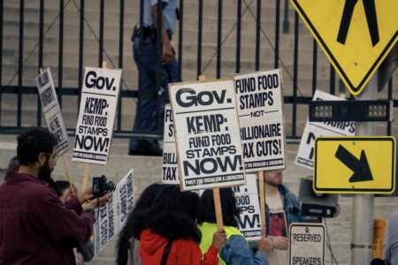 snap benefits trump EBT Protesters in Georgia demand Governor Brian Kemp use his power to fund SNAP (Photo: Axel Vera)