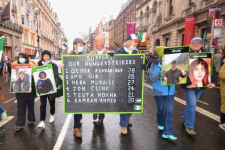 Is the Labour government willing to let Palestine activists on hunger strike die? (1) Parents and friends with placards of the six hunger strikers during the pro-Palestine March last Saturday