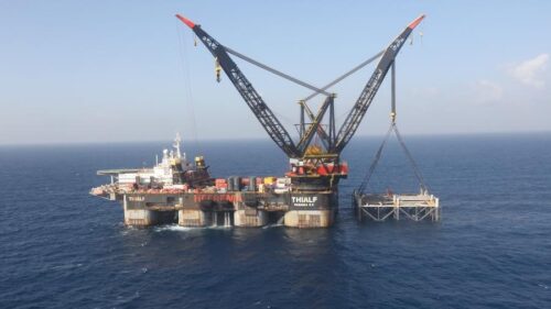 This file picture shows the Leviathan gas platform of Noble Energy under construction in the Mediterranean Sea, some 10 kilometers off the Israeli coast, on Jan. 31, 2019. Photo: Xinhua