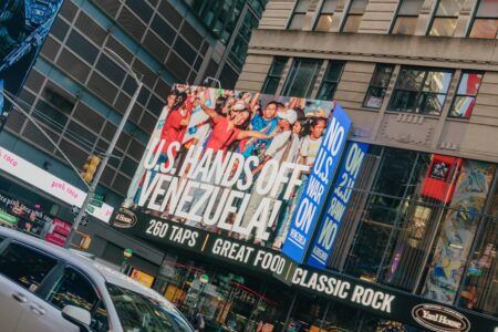 NYC against war in Venezuela Anti-war billboard NYC