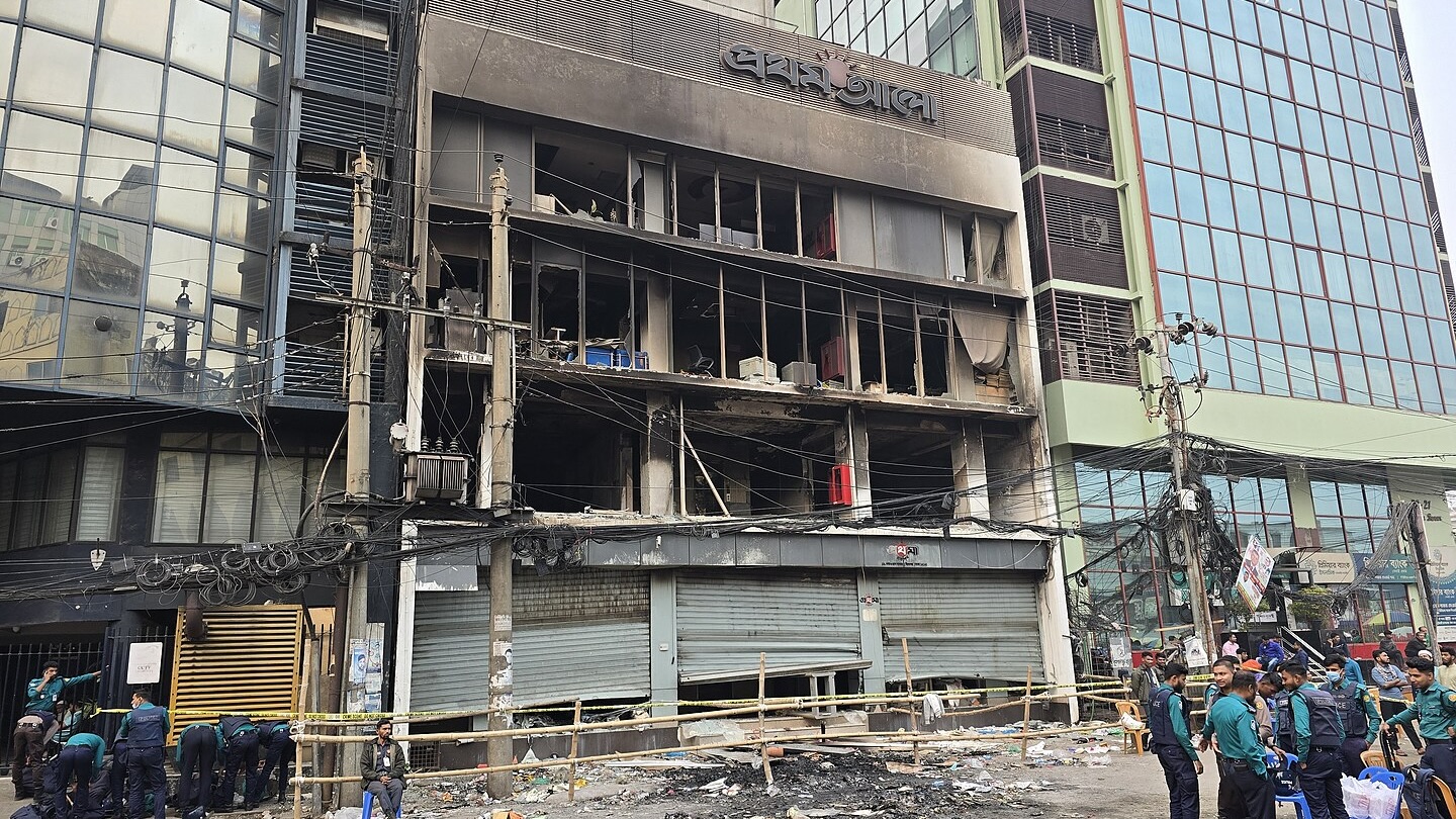 Burnt exterior of Prothom Alo's office.