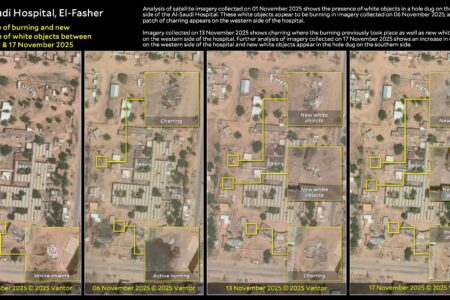 Sudan massacres satellite imagery Evidence of burning and new presence of white objects collected by satellite imagery in early November.