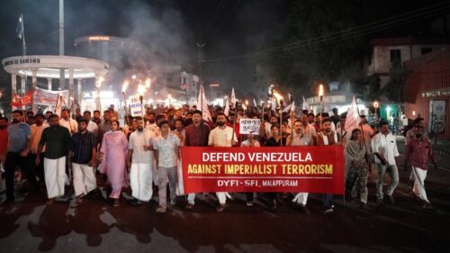 Protests by the Democratic Youth Federation of India - Central Executive Committee in Kerala condemning the US assault on Venezuela and the abduction of President Nicolas Maduro and First Lady Cilia Flores.